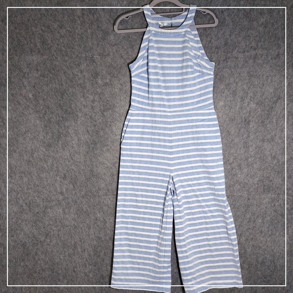 Crown & Ivy Women Jumpsuit 2 Blue Coastal Striped High Neck Wide Leg Cropped
